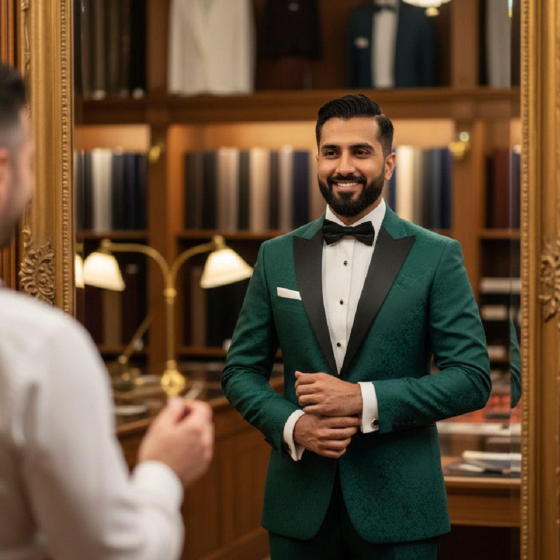 Groom trying on an emerald tuxedo in the fitting mirror