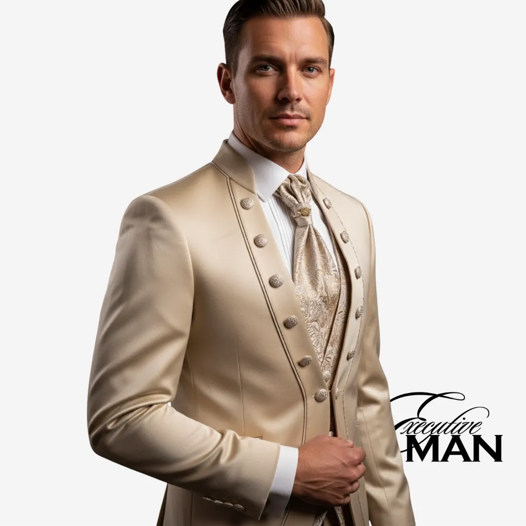 Champagne tuxedo with paisley cravat