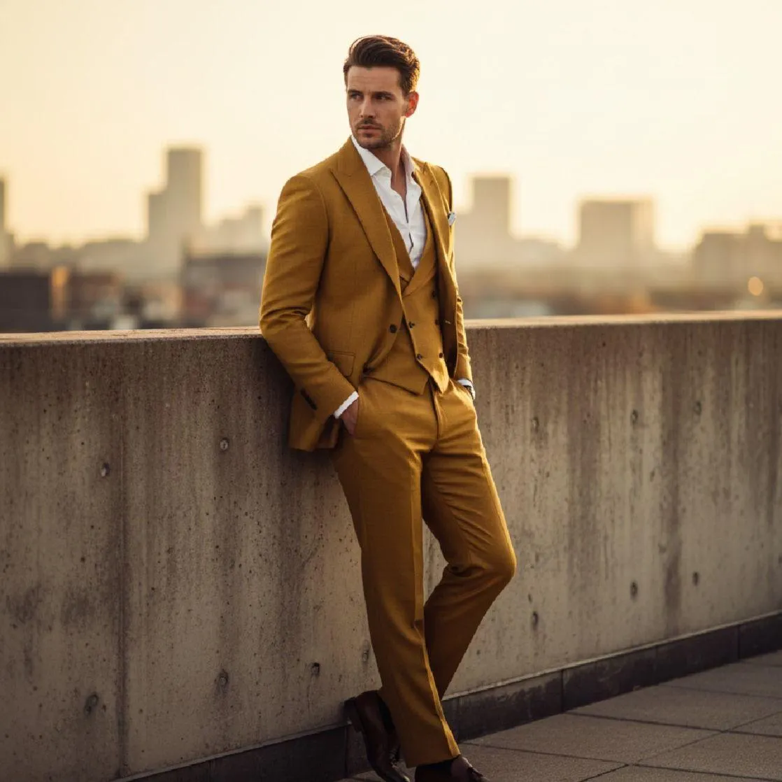 Gold three-piece suit on a rooftop