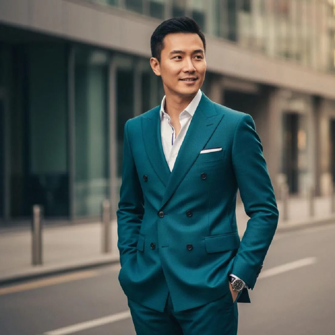 Teal double-breasted suit