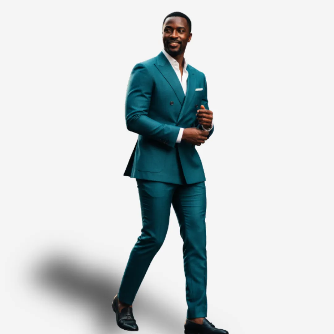 Teal suit, full look